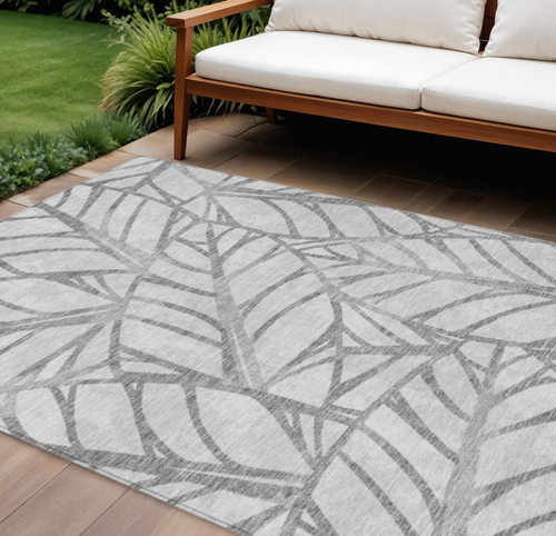 9' X 12' Gray And Silver Floral Washable Indoor Outdoor Area Rug - 608219188917