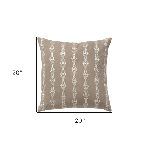 20" Taupe and White Cotton Throw Pillow With Embroidery - 608219043285