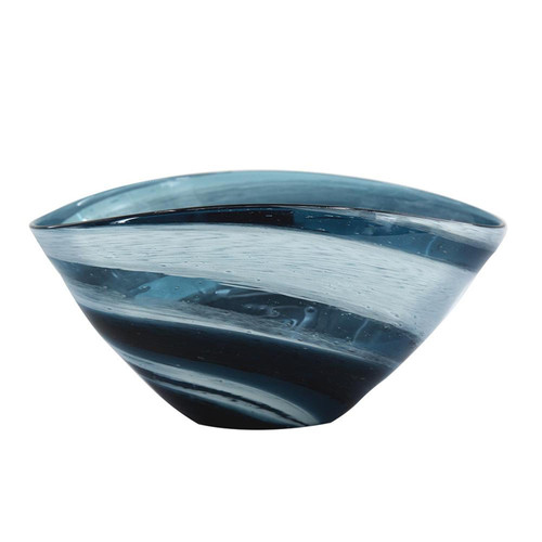 12" Blue And White Glass Swirl Stripe Oval Centerpiece Bowl - 880016722024