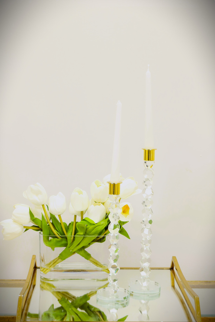 14" Clear And Gold Geo Stacks Crystal Tabletop Taper Candlestick - 880016779387