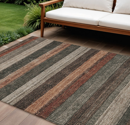 10' X 14' Rust And Taupe Striped Washable Indoor Outdoor Area Rug - 880016706826