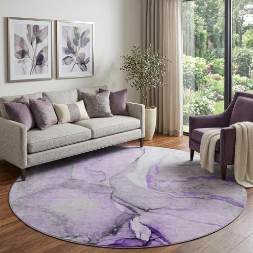 8' Purple Gray And Ivory Abstract Washable Round Rug With UV Protection - 880024808130