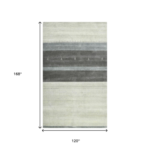 10' X 14' Ivory Gray And Green Wool Striped Hand Woven Area Rug - 880016687804