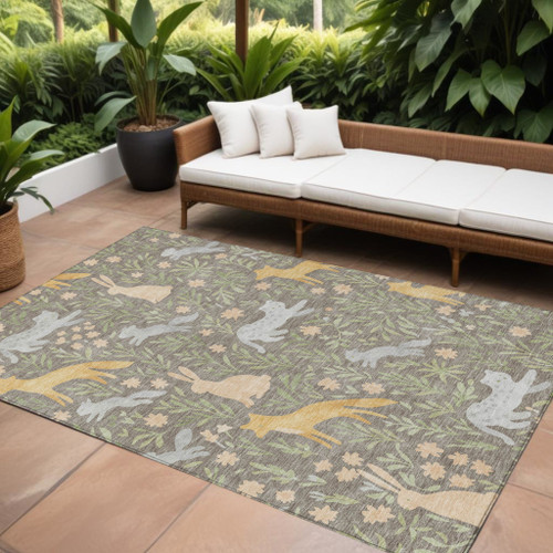 9' X 12' Taupe And Green Forest Animals And Botanical Leaves Washable Area Rug - 880024889290
