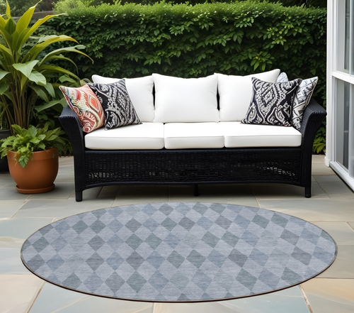 8' Round Denim Blue Round Geometric Washable Non Skid Indoor Outdoor Area Rug - 608219383176