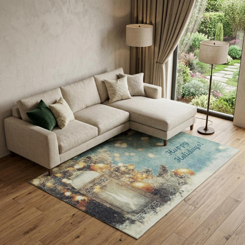 10' X 14' Blue Gold And Ivory Christmas Distressed Washable Area Rug With UV Protection - 880024953793