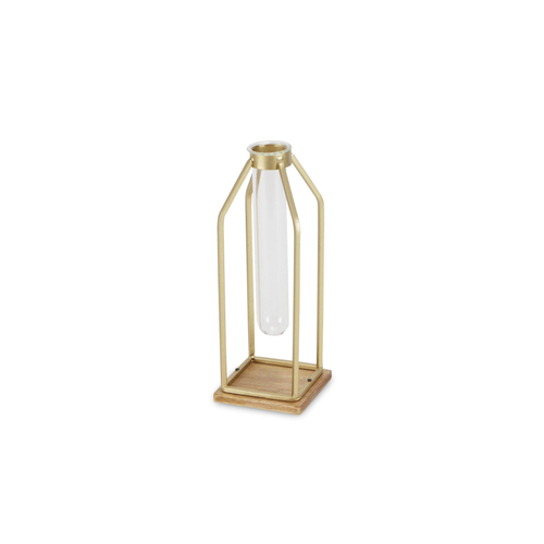11" Gold Clear And Natural Metal Glass And Wood Test Tube Table Vase - 880016461244