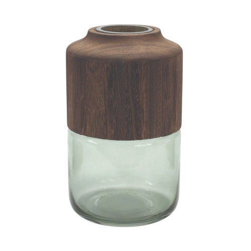 11" Brown And Sage Glass Round Table Vase With Wood - 880024932279