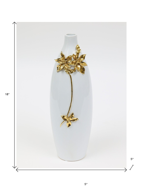18" Gold Floral Oval Ceramic Table Vase With Sculptural Details - 880016561944