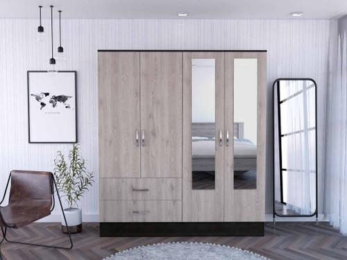 Light Oak and Black Four Door Wardrobe Closet with Mirrors - 808230120273
