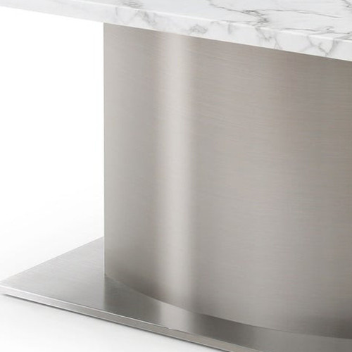 72" Gray White and Silver Marble and Stainless Steel Pedestal Base Dining Table - 880016818956