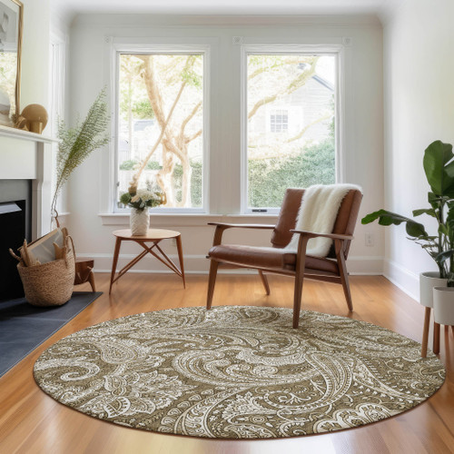 8' Chocolate And Ivory Paisley Washable Round Rug With UV Protection - 880024618173