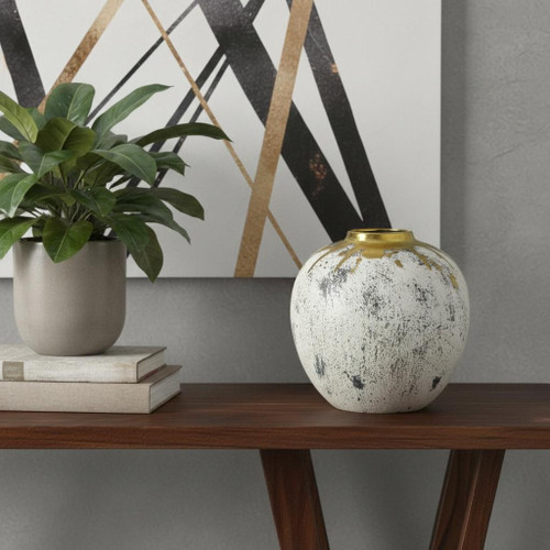 10" Ivory Gray And Gold Abstract Distressed Ceramic Round Table Vase - 880016659016
