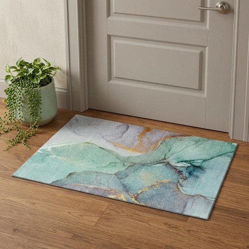3' X 5' Teal Gold And Ivory Abstract Washable Area Rug With UV Protection - 880024702889