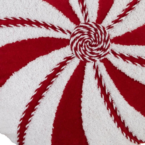 16" Red And White Cotton Velvet Round Christmas Striped Throw Pillow - 880024843155
