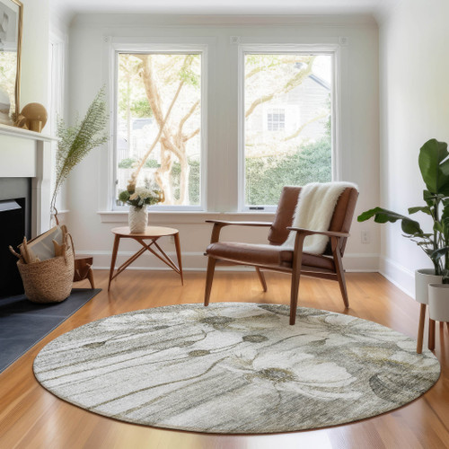 8' Taupe And Ivory Floral Washable Round Rug With UV Protection - 880016563948