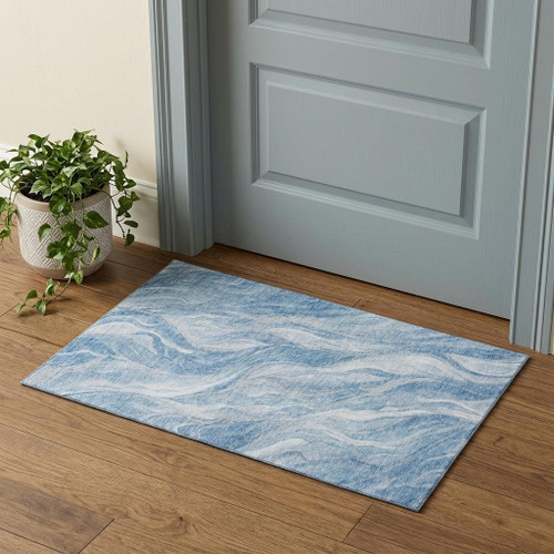 3' X 5' Blue And Ivory Abstract Washable Area Rug With UV Protection - 880024510576