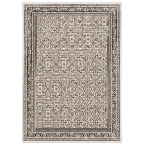 Homeroots Home Decor 8' x 11' Ivory and Grey Oriental Power Loom Stain Resistant Area Rug with Fringe