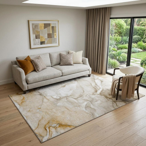 5' X 8' Brown And Ivory Abstract Washable Area Rug With UV Protection - 880016577501