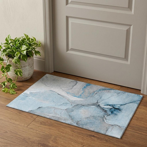 3' X 5' Blue Gray And Ivory Abstract Washable Area Rug With UV Protection - 880024733357