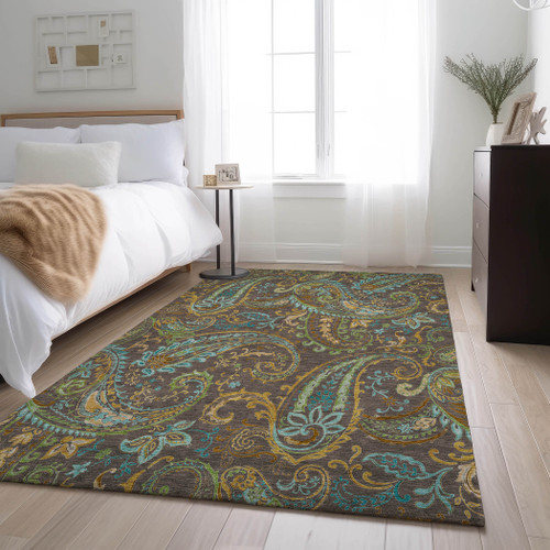 8' X 10' Chocolate Blue And Green Paisley Washable Area Rug With UV Protection - 880016784244