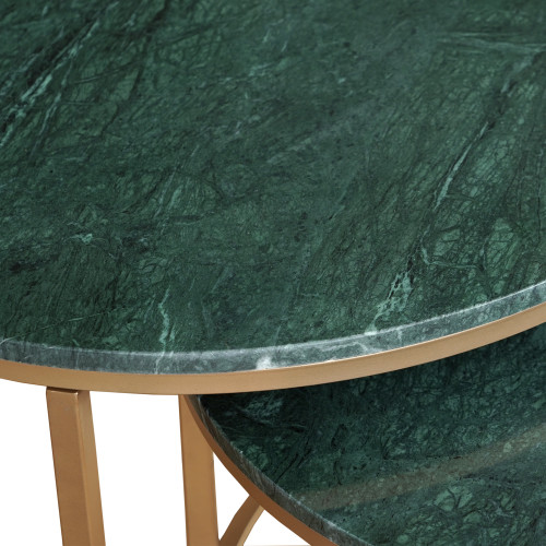 Set Of Two Green and Gold Genuine Marble and Iron Round Frame Nested Coffee Tables - 880024619385