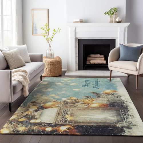 9' X 12' Blue Gold And Ivory Christmas Distressed Washable Area Rug With UV Protection - 880024796765