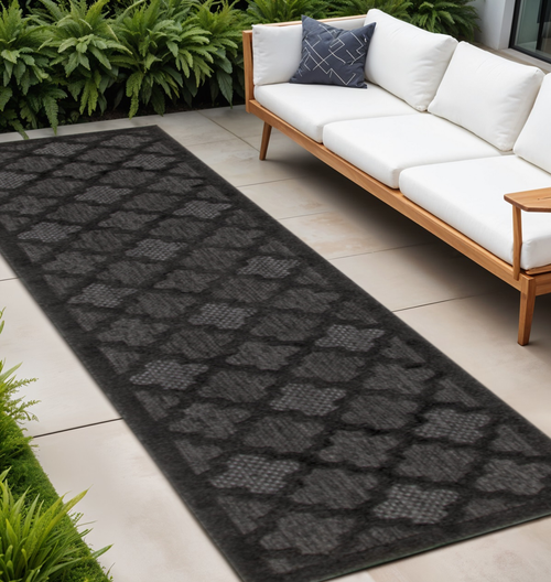 10' Charcoal And Black Trellis Indoor Outdoor Runner Rug - 880016666601