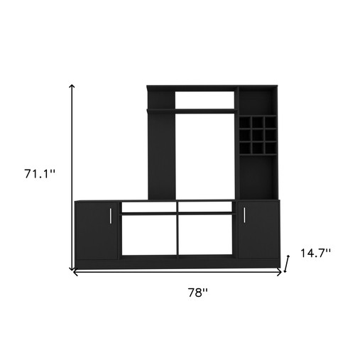 78" Black Wood Enclosed and Open Storage Entertainment Center with Bookcase - 608219360658