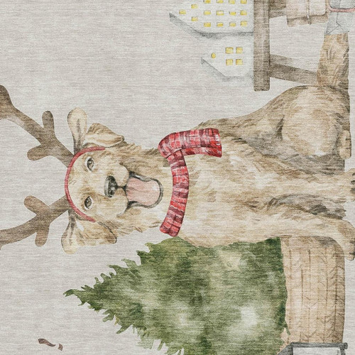 5' X 8' Taupe Green And Gray Christmas Dogs Distressed Washable Area Rug With UV Protection - 880024652535