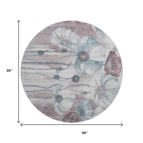 8' Teal Mauve And Ivory Floral Washable Round Rug With UV Protection - 880024772202