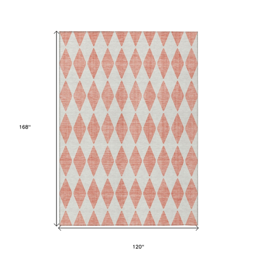 10' X 14' Salmon And Ivory Geometric Washable Indoor Outdoor Area Rug