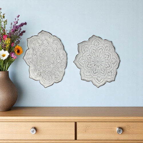 Set of Two Miranda Silver Flower Mandala Metal Hanging Dimensional Sculpture - 880016463613