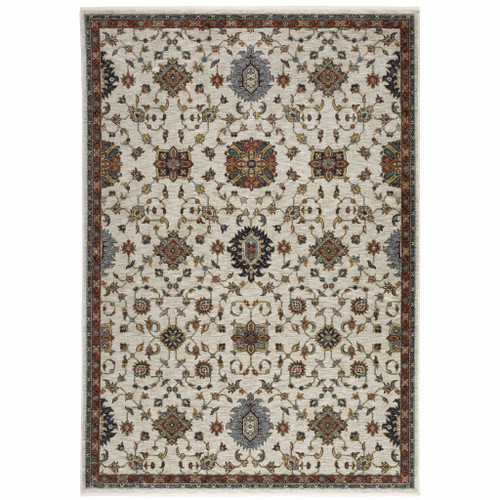 Homeroots Home Decor 8' x 11' Oriental Area Rug, Beige Rust Red Blue Gold Grey, Power Loom Stain Resistant with Fringe