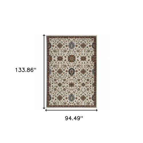 8' X 11' Ivory Red And Yellow Oriental Area Rug With Fringe