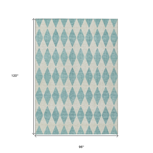 8' X 10' Teal Blue And Ivory Geometric Washable Indoor Outdoor Area Rug