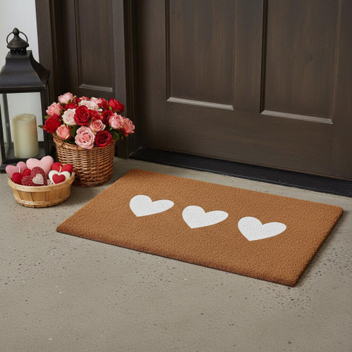 12" X 24" Brown And White Three Hearts Outdoor Coir Door Mat - 880024730257