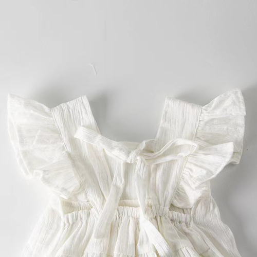Baby Girl Belted Bow Tie Design Mesh Square Neck Solid Onesies Dress - 643491119075