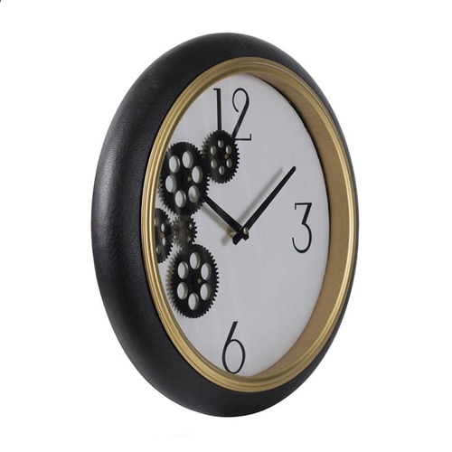 16" Black Gold And White Faux Leather And Iron Analog Exposed Gear Round Wall Clock - 880016502763