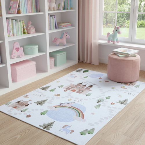 7' X 10' Off White Brown Green And Blue Castle and Rainbow Youthful Area Rug - 880016593167