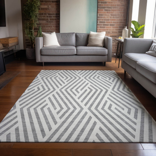 9' X 12' Gray and Ivory Geometric Washable Non Skid Indoor Outdoor Area Rug