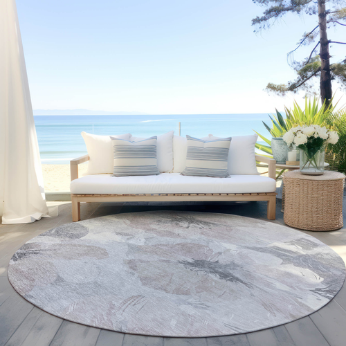Taupe Round Floral Washable Indoor Outdoor Area Rug - 880024652443