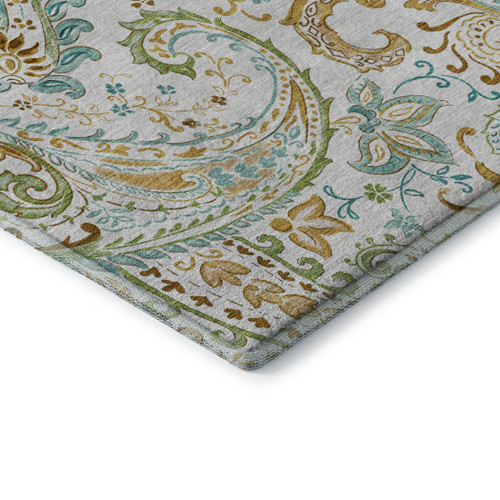 8' Ivory Blue And Green Paisley Distressed Washable Round Rug With UV Protection - 880016461121