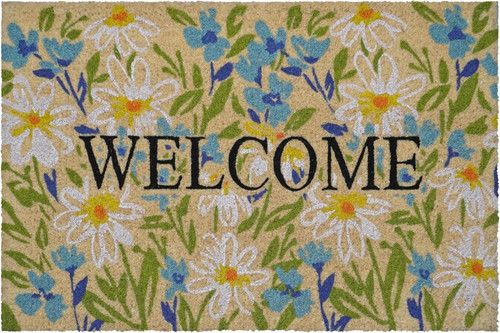 30" X 48" Brown Light Blue And Green Floral Welcome Outdoor Coir Door Mat - 880024573212