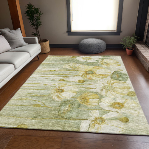 3' X 5' Sage Gold And Ivory Floral Washable Area Rug With UV Protection - 880024721699