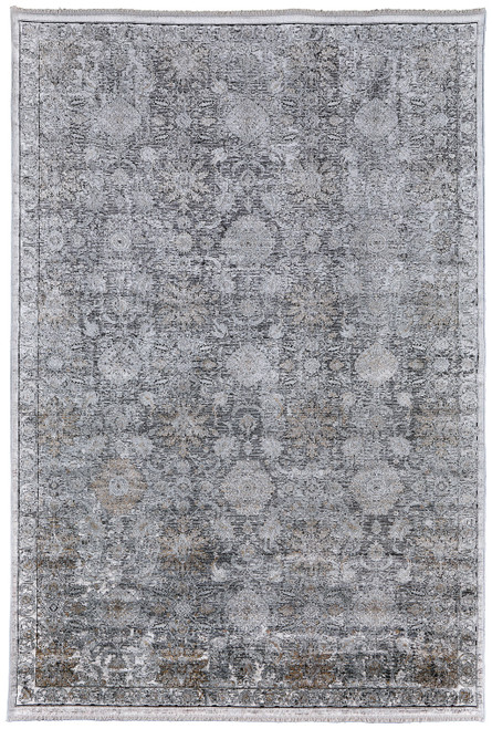9' X 13' Gray and Silver Damask Power Loom Worn Faded Area Rug - 608219371111