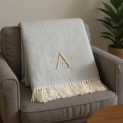Herringbone Cotton Blend A Initial Throw Blanket with Tassels Embroidery - 880016423143