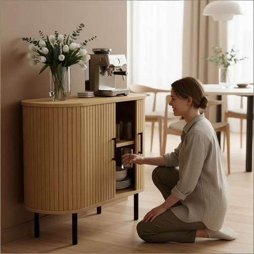 35" Natural Wood Ribbed Texture Sideboard With Two Sliding Doors - 880024521664