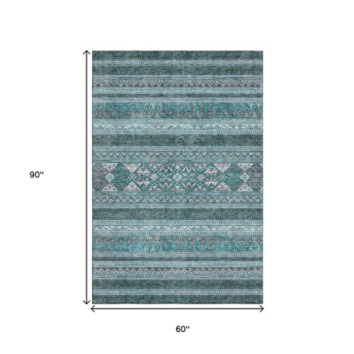 5' X 8' Teal And Ivory Southwestern Washable Area Rug With UV Protection - 880024825311