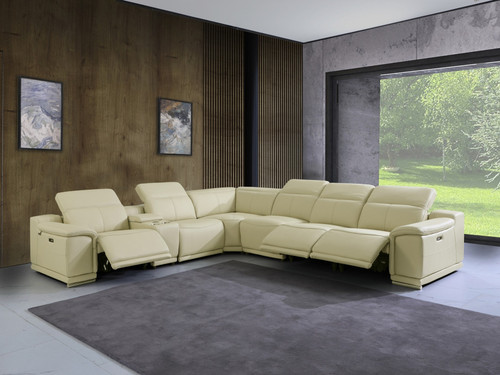 Beige Italian Leather Power Recline L Shape Seven Piece Corner Sectional With Console - 606114151456